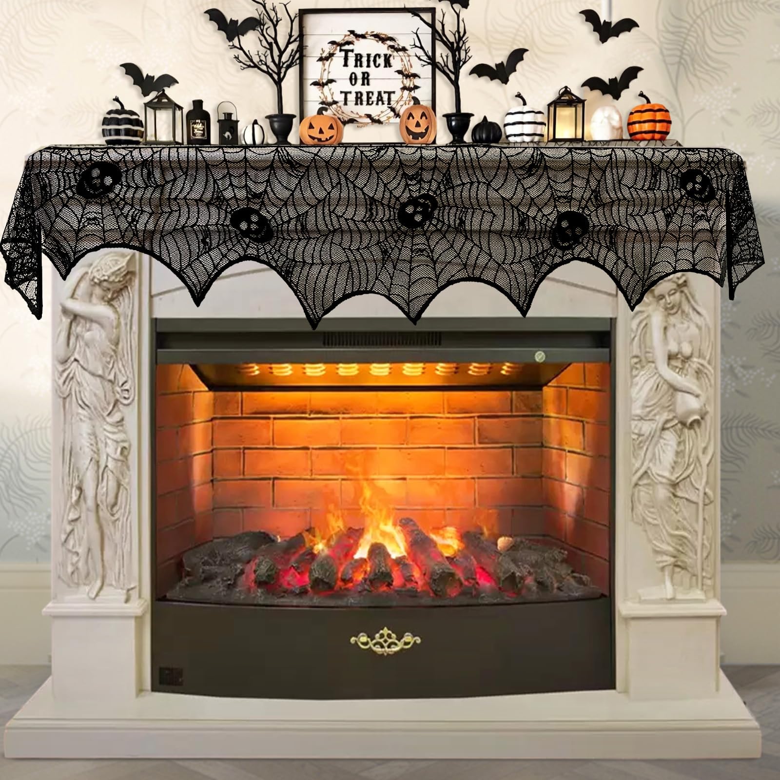 AerWo Halloween Decoration Black Lace Spiderweb Fireplace Mantle Scarf Cover Festive Party Supplies 45 X 243cm 18 x 96 inch